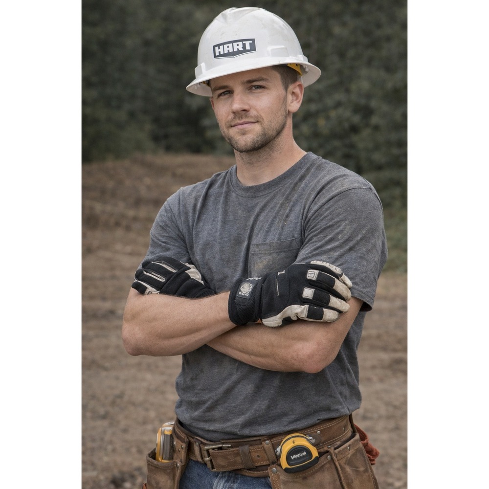 Hart Full Brim Hard Hat White &‎ Pugs Heavy Duty Work Gloves Safety Gear Set